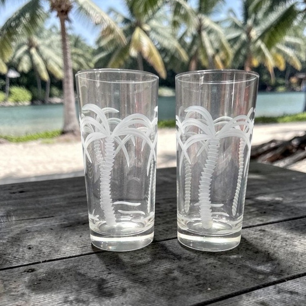Rolf Etched Palm Tree Tumblers, Set of 2, Coastal Glassware, Replacement Glasses